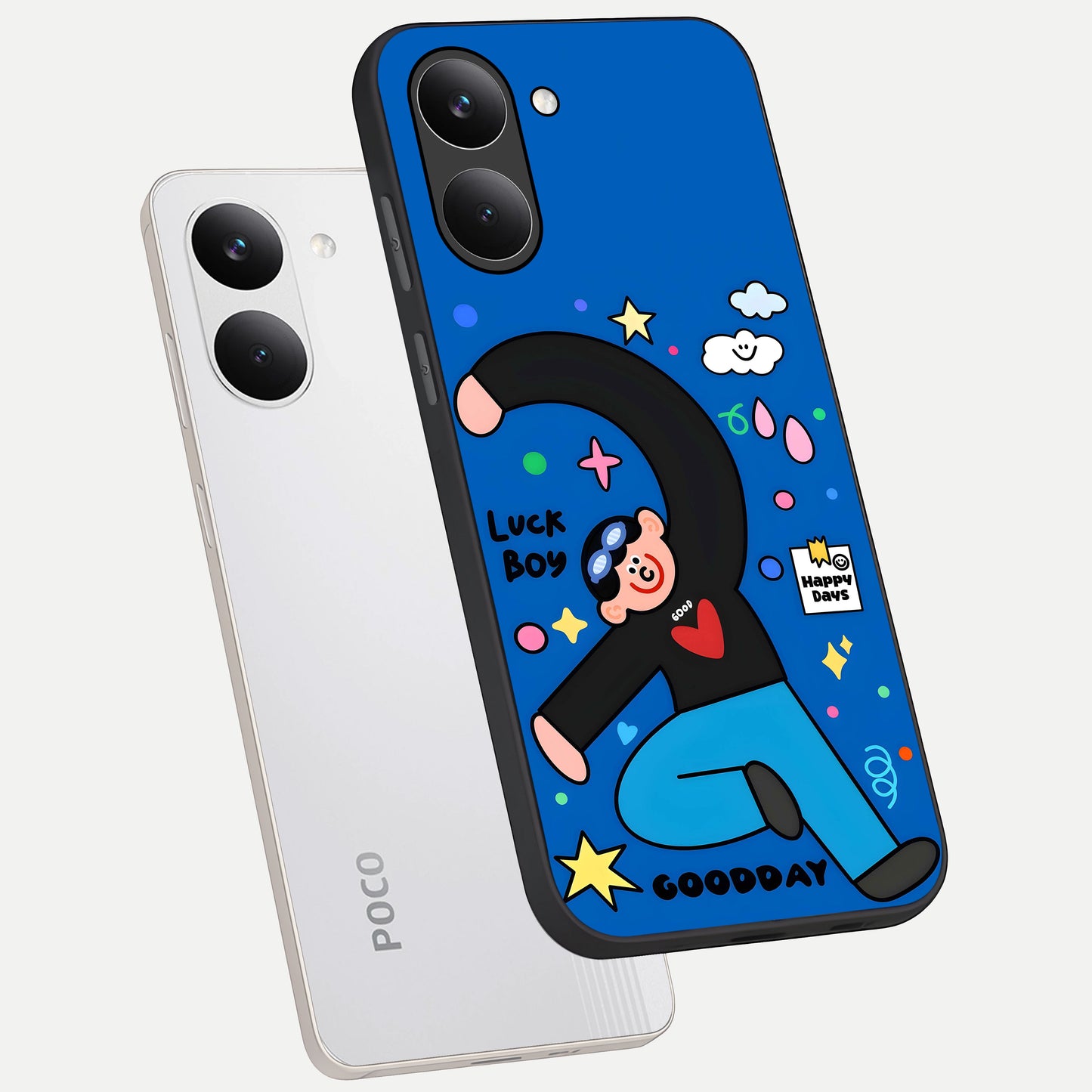  Happy Luck Vibe phone case For Poco X8 Pro showing premium glass back cover with detailed artwork