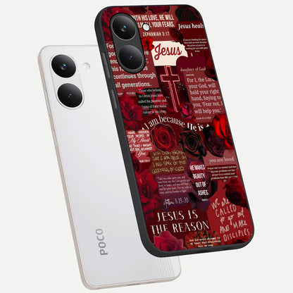  Jesus Love Heals phone case For Poco X8 Pro showing premium glass back cover with detailed artwork
