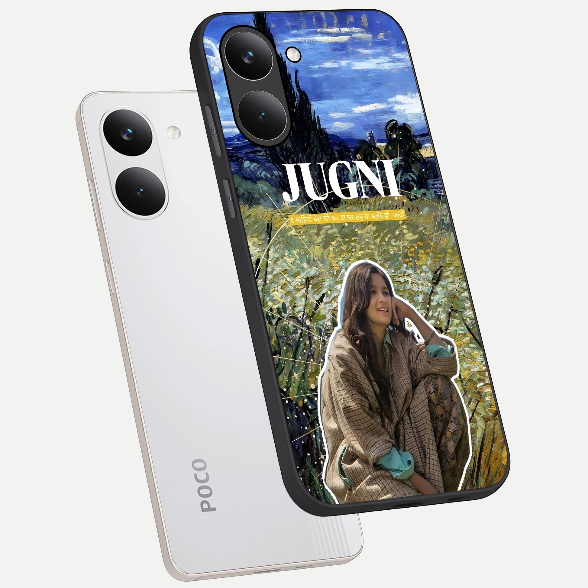  Jugni Soul Vibes phone case For Poco X8 Pro showing premium glass back cover with detailed artwork