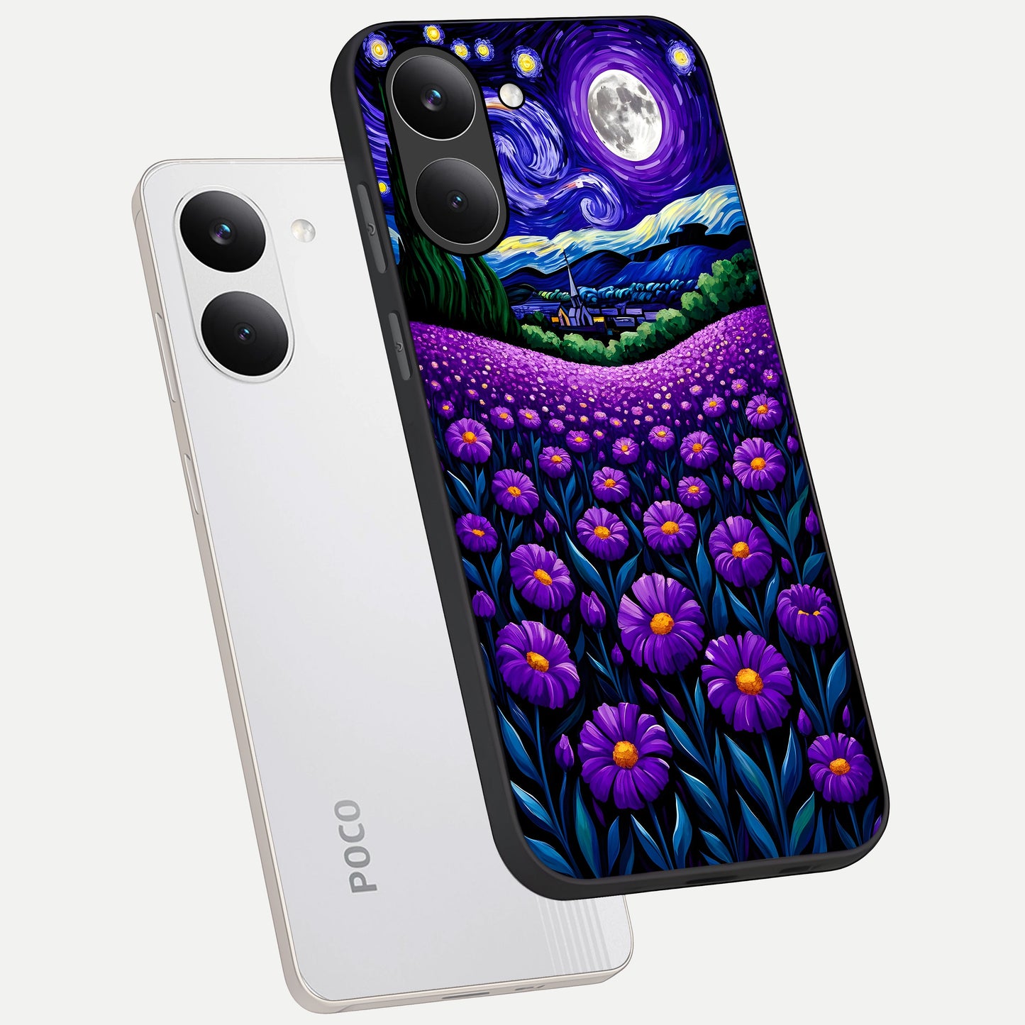  Lavender Moon Field phone case For Poco X8 Pro showing premium glass back cover with detailed artwork