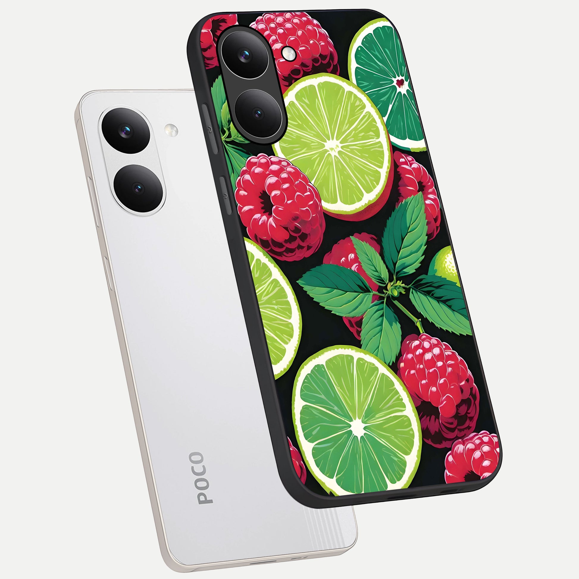  Lime and Raspberry Pattern phone case For Poco X8 Pro showing premium glass back cover with detailed artwork