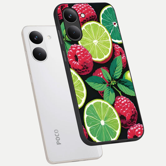  Lime and Raspberry Pattern phone case For Poco X8 Pro showing premium glass back cover with detailed artwork