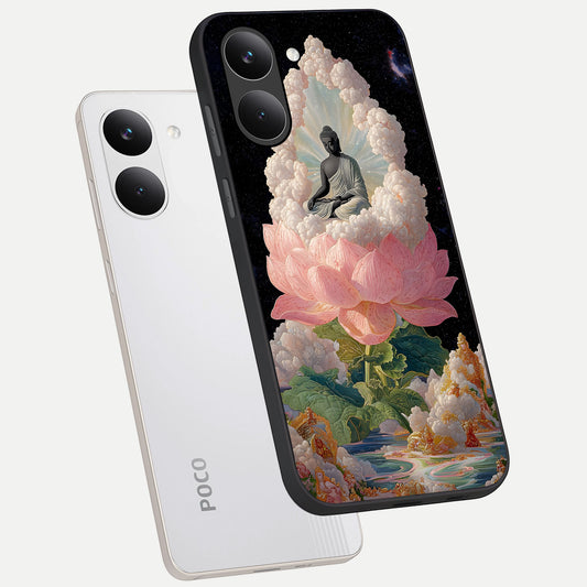  Lotus Divine Peace phone case For Poco X8 Pro showing premium glass back cover with detailed artwork
