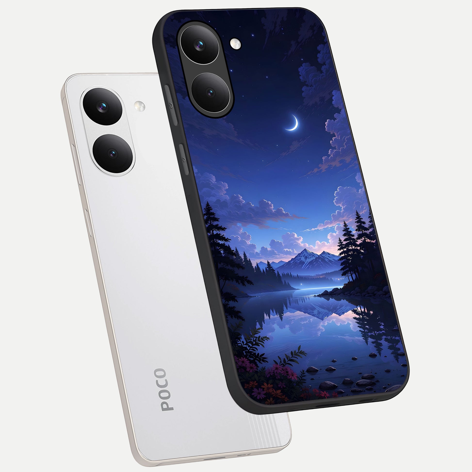  Midnight Lake Peace phone case For Poco X8 Pro showing premium glass back cover with detailed artwork