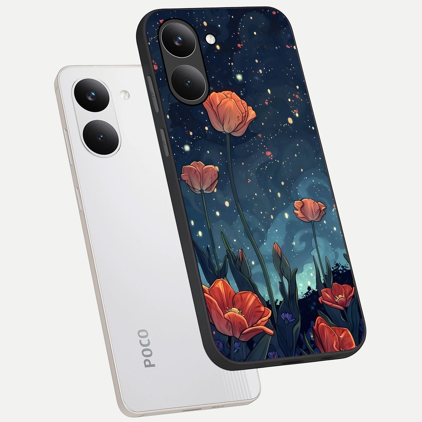  Midnight Tulip Glow phone case For Poco X8 Pro showing premium glass back cover with detailed artwork