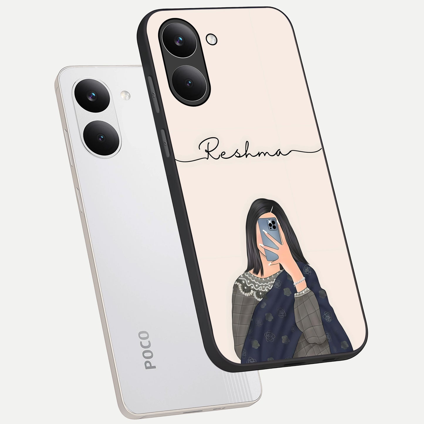  Mirror Mood Muse With Custom Name phone case For Poco X8 Pro showing premium glass back cover with detailed artwork