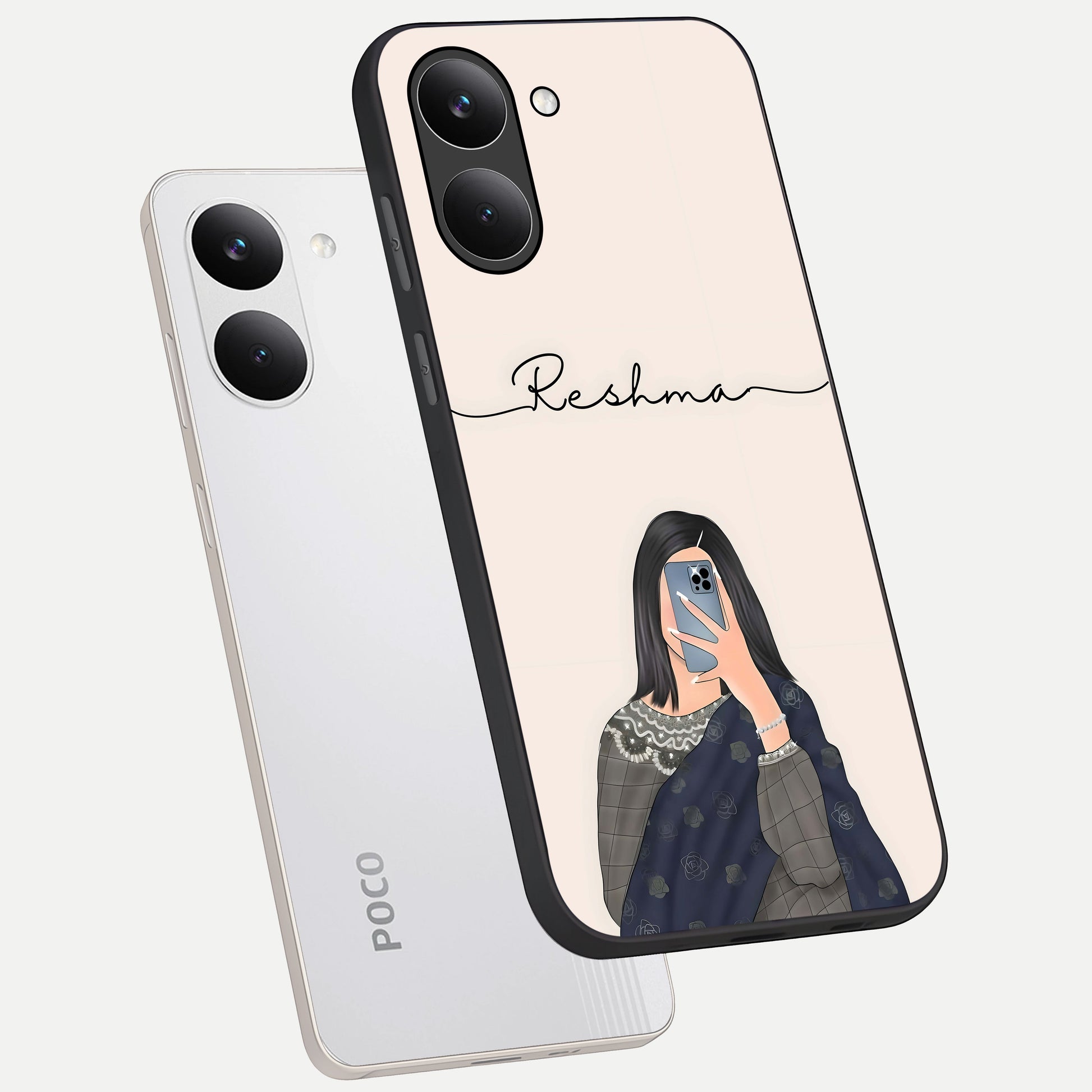  Mirror Mood Muse With Custom Name phone case For Poco X8 Pro showing premium glass back cover with detailed artwork