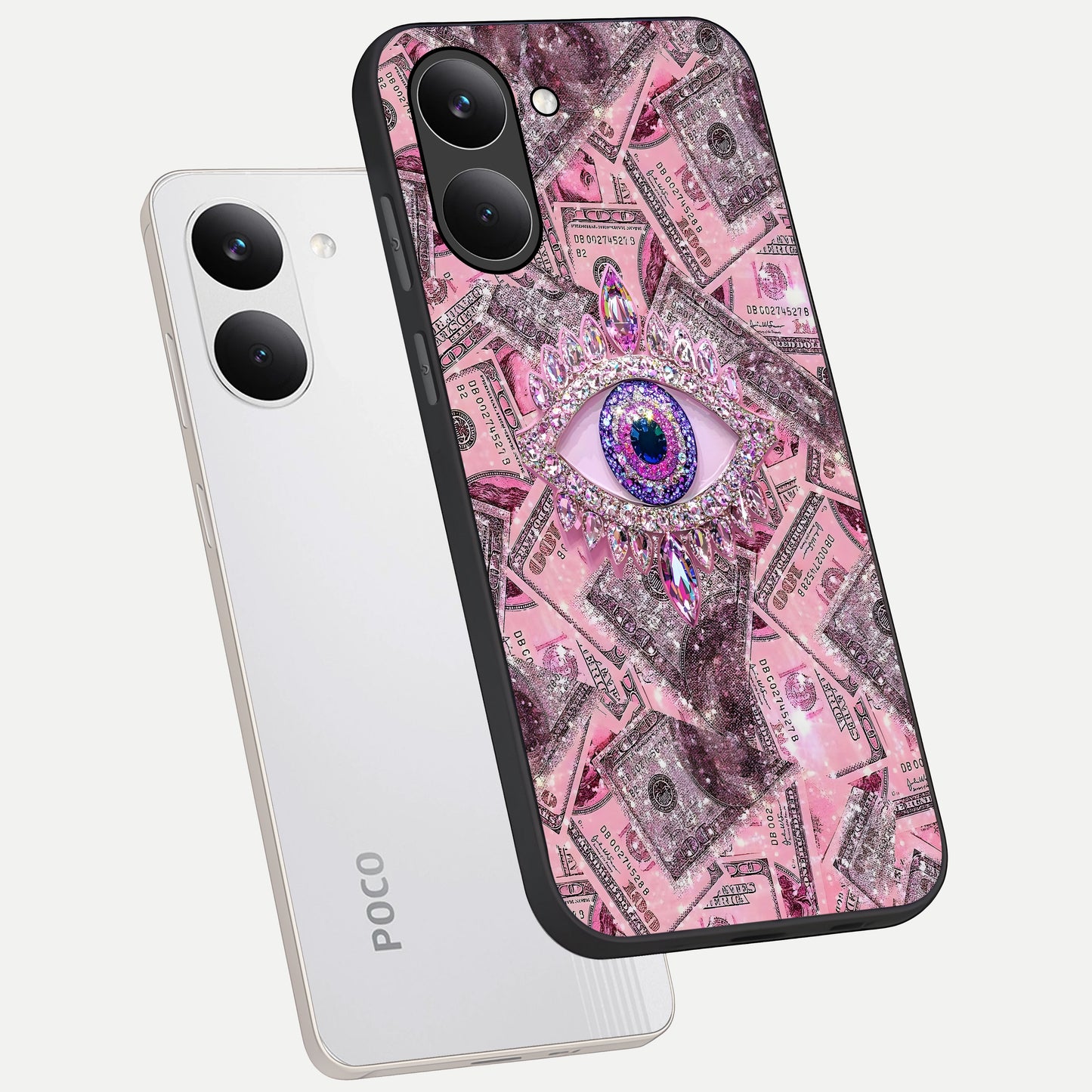  Money Eye Luxe phone case For Poco X8 Pro showing premium glass back cover with detailed artwork