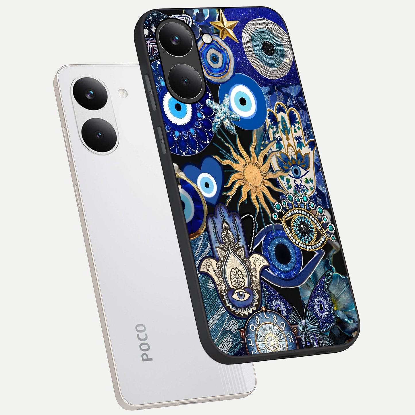  Mystic Blue Evil Eye phone case For Poco X8 Pro showing premium glass back cover with detailed artwork
