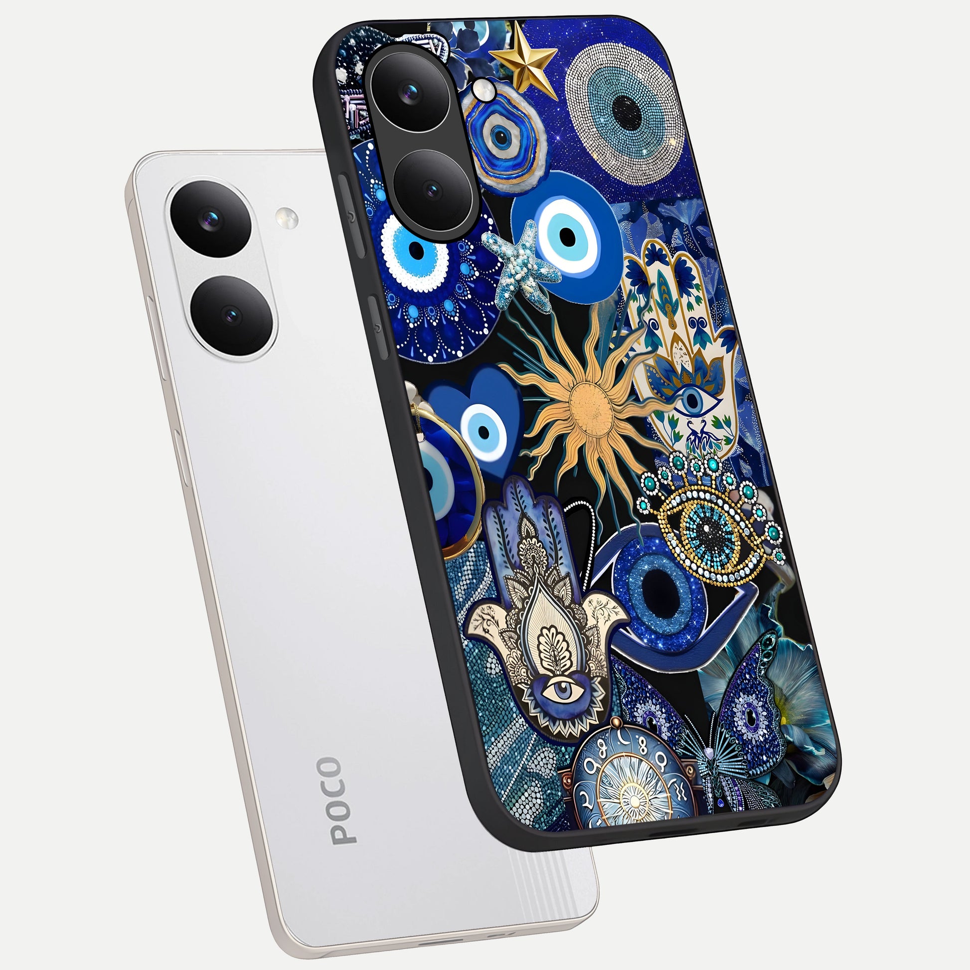  Mystic Blue Evil Eye phone case For Poco X8 Pro showing premium glass back cover with detailed artwork