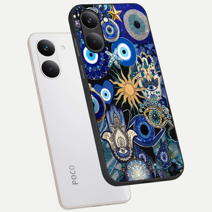  Mystic Blue Evil Eye phone case For Poco X8 Pro showing premium glass back cover with detailed artwork