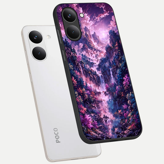  Mystic Cascade Peaks phone case For Poco X8 Pro showing premium glass back cover with detailed artwork