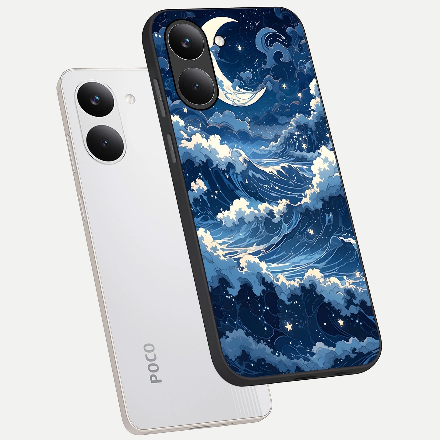 Ocean Moon Waves phone case For Poco X8 Pro showing premium glass back cover with detailed artwork