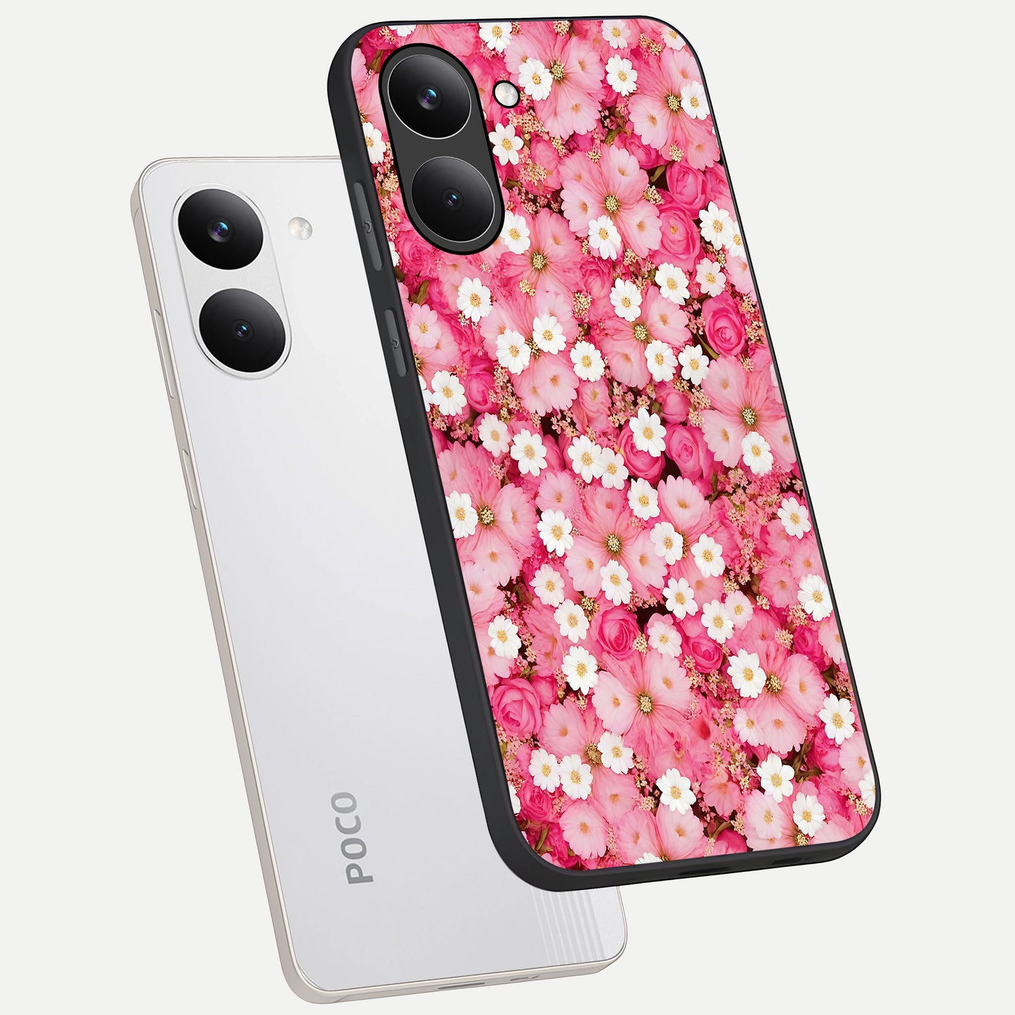  Pink Daisy Bliss phone case For Poco X8 Pro showing premium glass back cover with detailed artwork