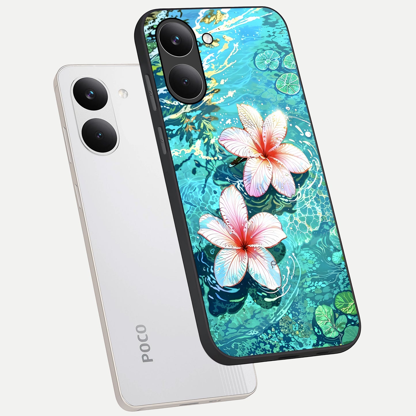  Pink Flowers in Water phone case For Poco X8 Pro showing premium glass back cover with detailed artwork