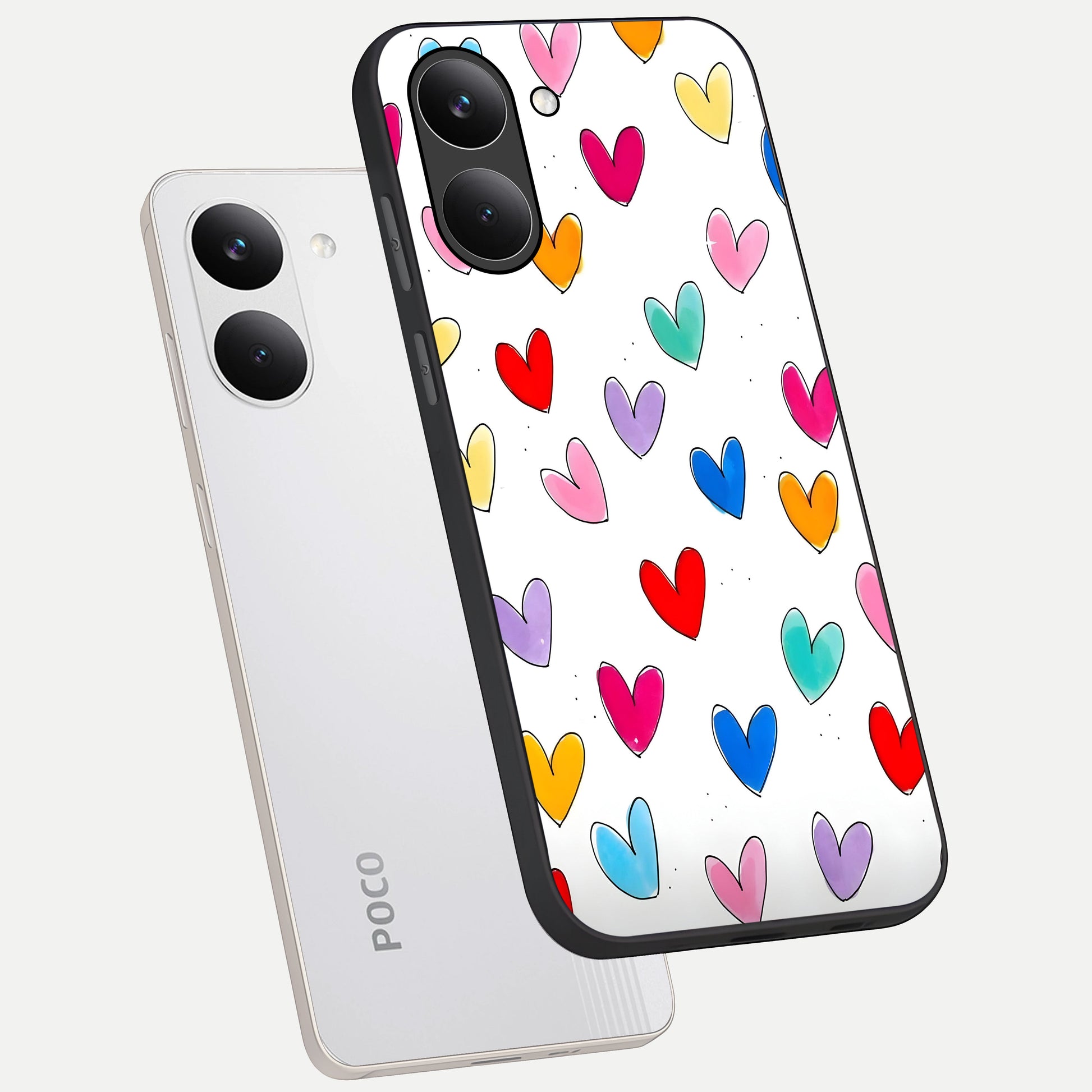  Playful Love Doodles phone case For Poco X8 Pro showing premium glass back cover with detailed artwork