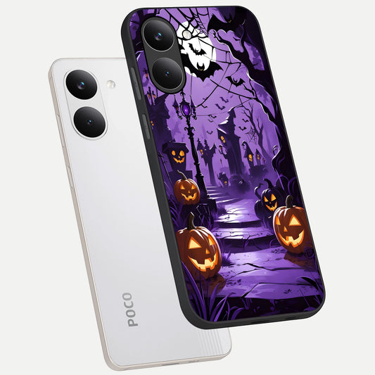  Pumpkin Patch Halloween phone case For Poco X8 Pro showing premium glass back cover with detailed artwork