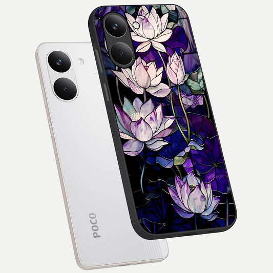  Purple Lotus Pattern phone case For Poco X8 Pro showing premium glass back cover with detailed artwork
