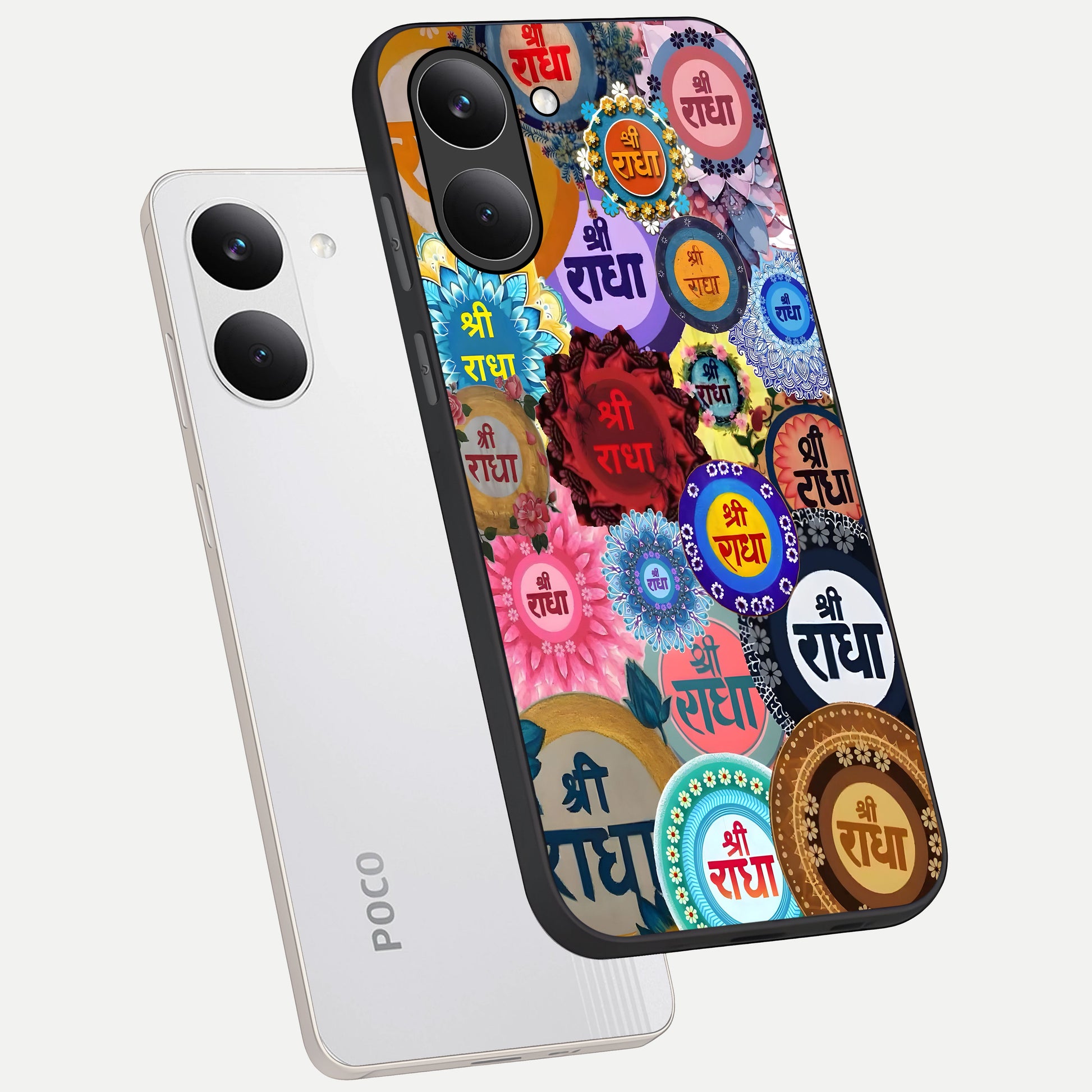  Radha Divine Bloom phone case For Poco X8 Pro showing premium glass back cover with detailed artwork