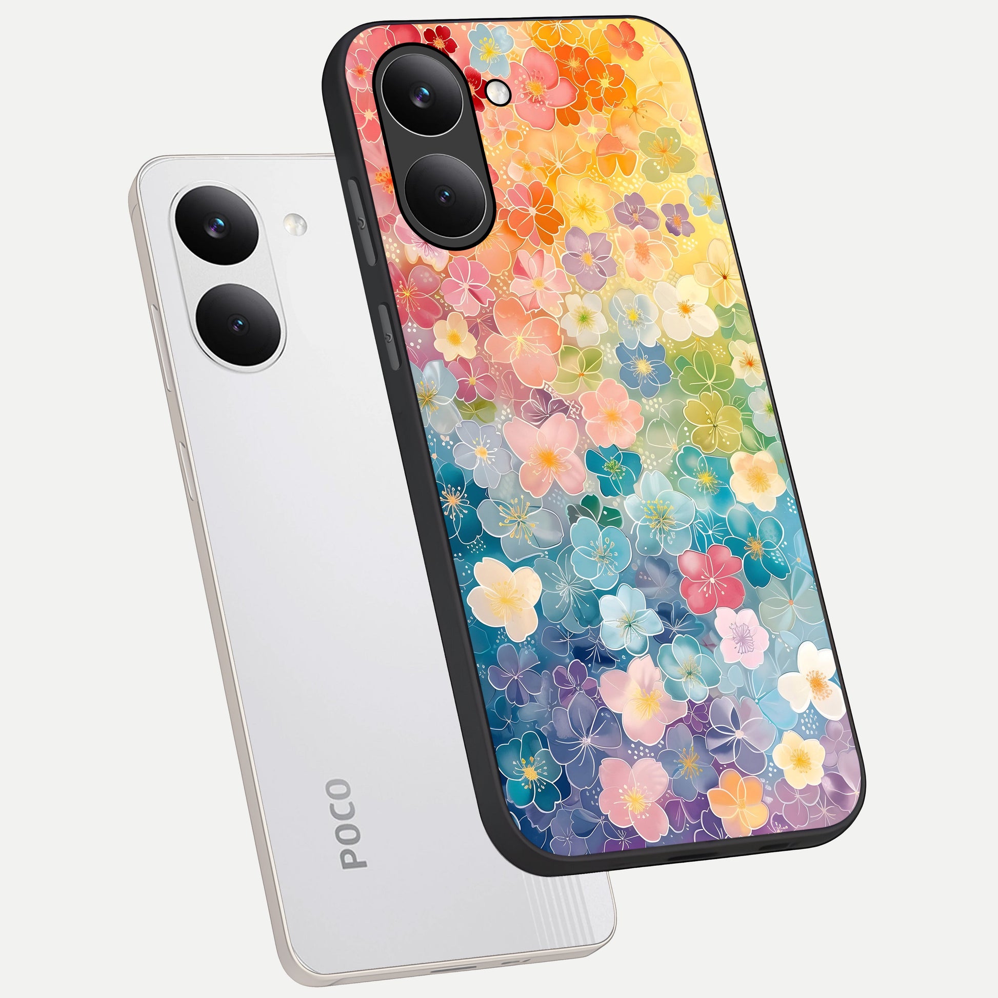  Rainbow Blossom Burst phone case For Poco X8 Pro showing premium glass back cover with detailed artwork