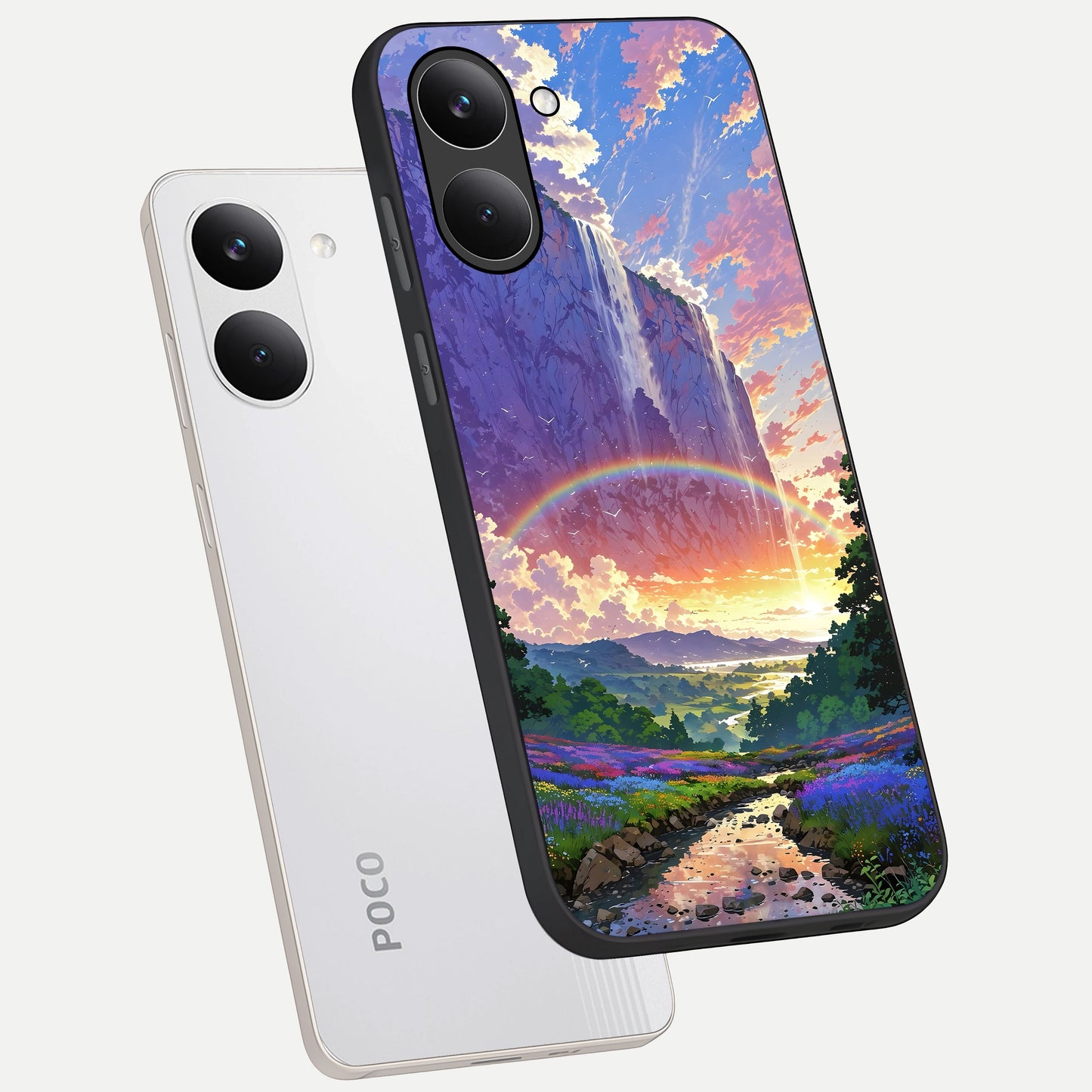  Rainbow Valley Dream phone case For Poco X8 Pro showing premium glass back cover with detailed artwork