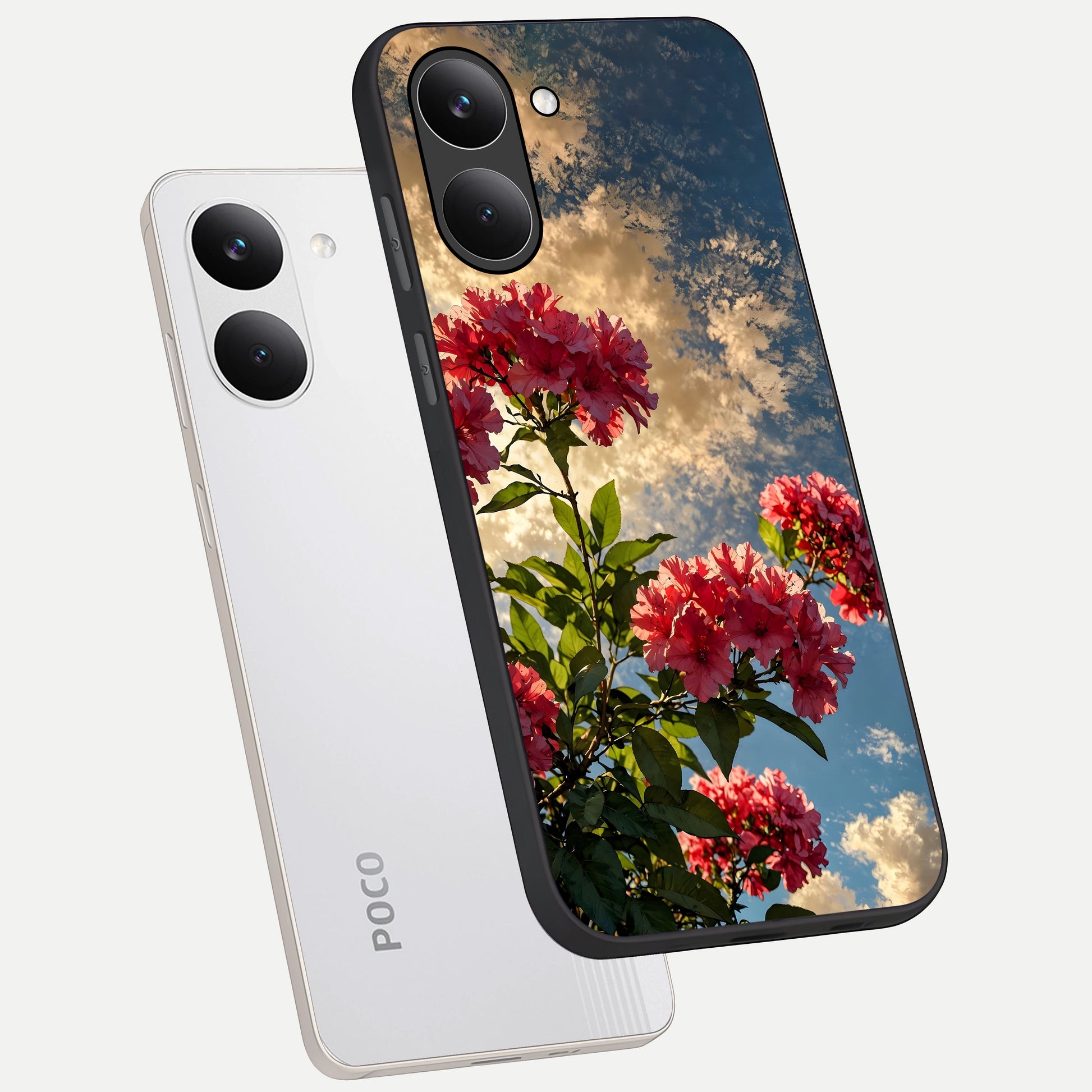 Red Bloom Skies phone case For Poco X8 Pro showing premium glass back cover with detailed artwork