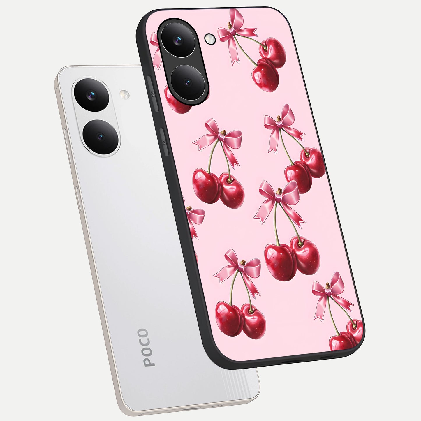  Red Cherries Pattern phone case For Poco X8 Pro showing premium glass back cover with detailed artwork