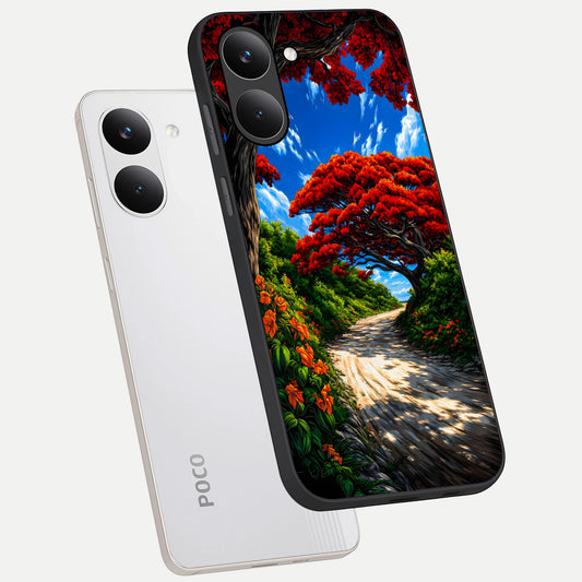  Red Trees Pathway phone case For Poco X8 Pro showing premium glass back cover with detailed artwork