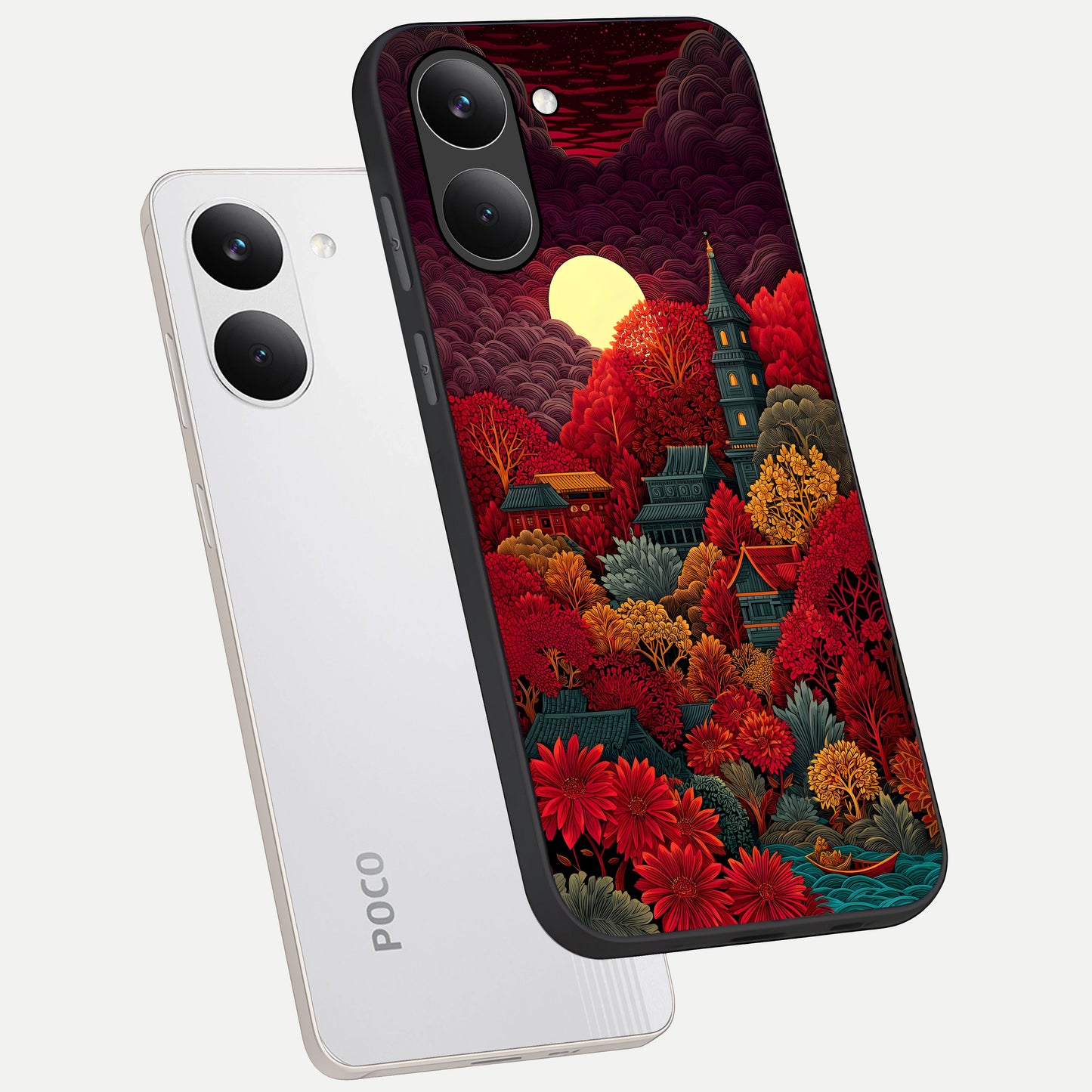  Scarlet Autumn Temple phone case For Poco X8 Pro showing premium glass back cover with detailed artwork