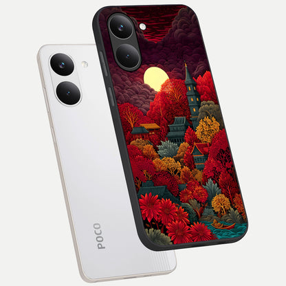  Scarlet Autumn Temple phone case For Poco X8 Pro showing premium glass back cover with detailed artwork