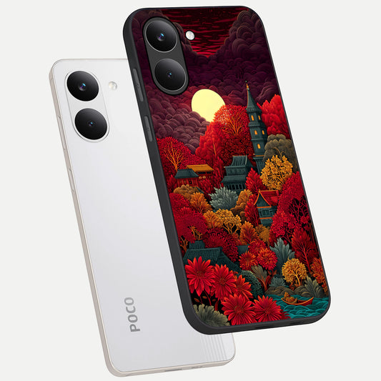  Scarlet Autumn Temple phone case For Poco X8 Pro showing premium glass back cover with detailed artwork