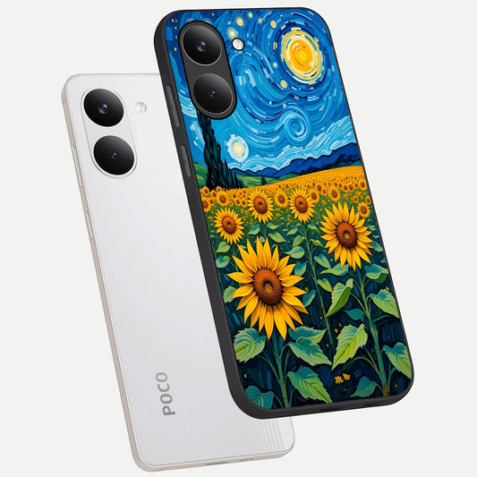  Starry Sunflower Dreams phone case For Poco X8 Pro showing premium glass back cover with detailed artwork