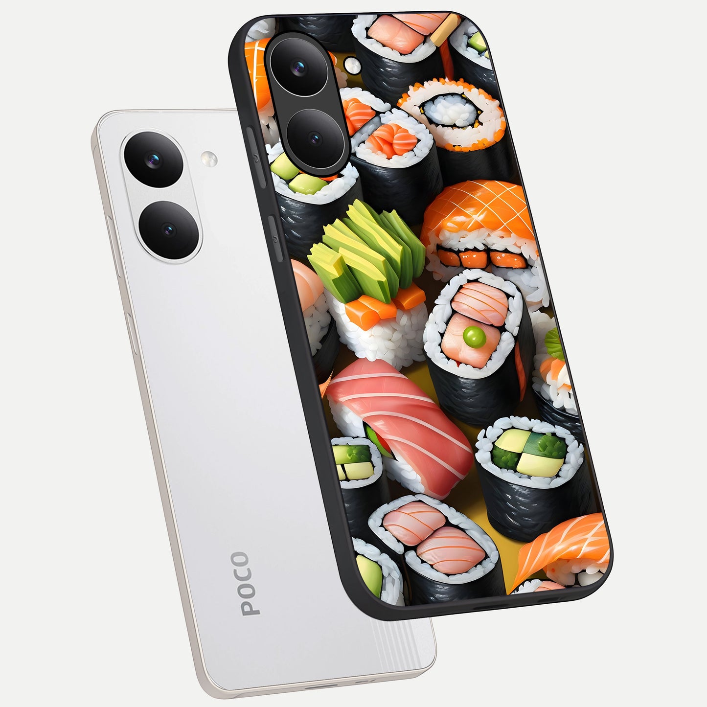  Sushi Food Pattern phone case For Poco X8 Pro showing premium glass back cover with detailed artwork