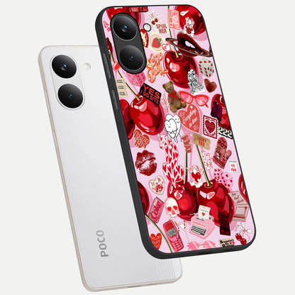  Sweet Cherry Chaos phone case For Poco X8 Pro showing premium glass back cover with detailed artwork