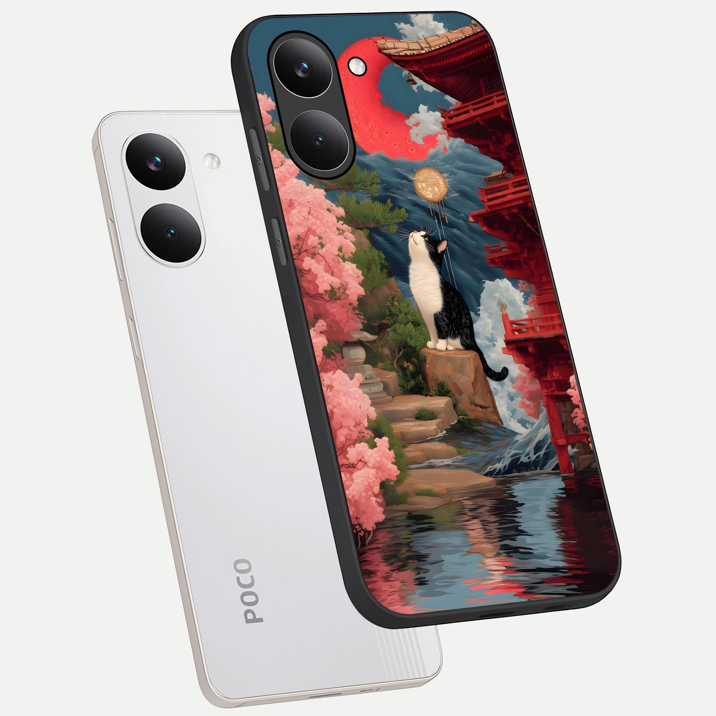  Temple Cat Scenery phone case For Poco X8 Pro showing premium glass back cover with detailed artwork