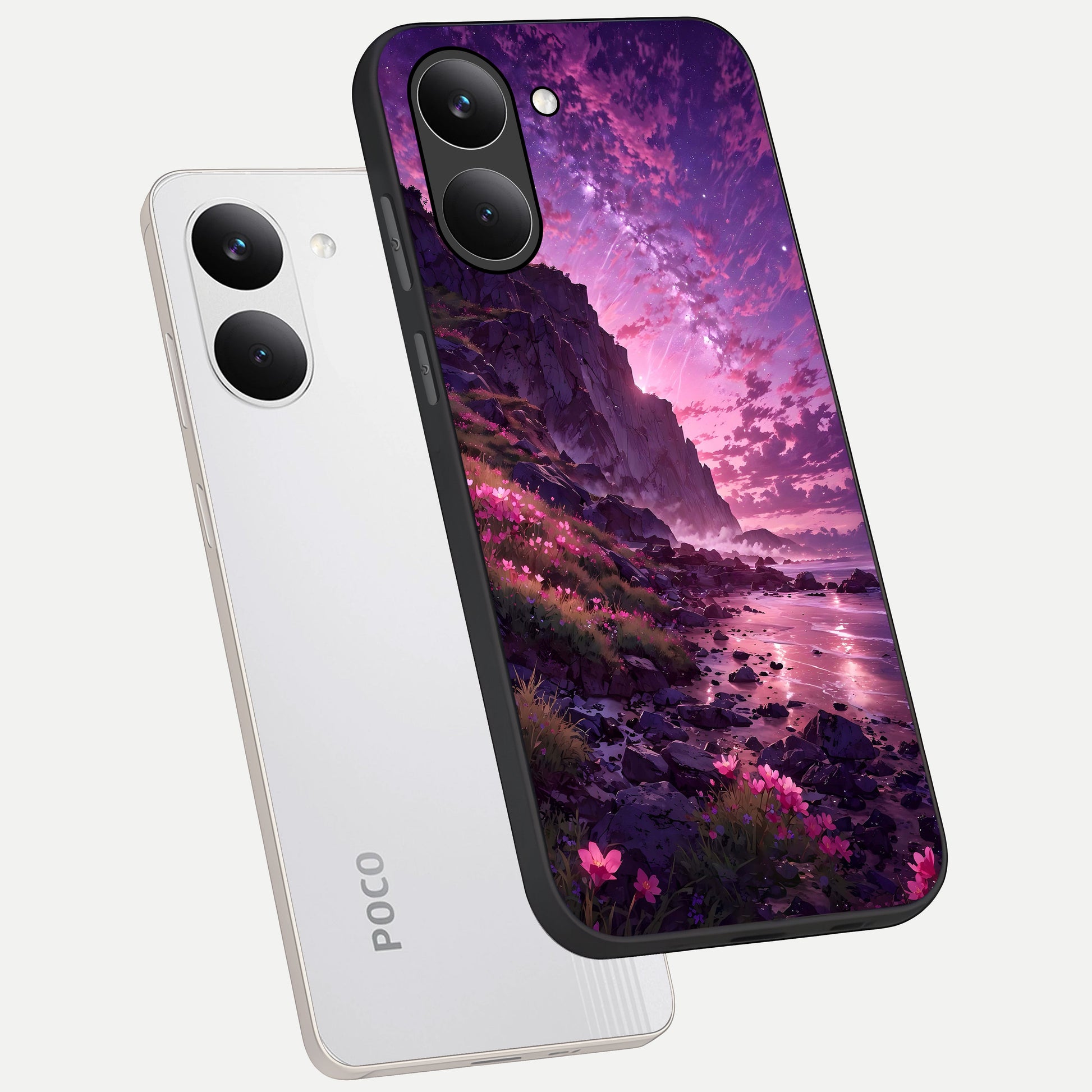  Twilight Blossom Coast phone case For Poco X8 Pro showing premium glass back cover with detailed artwork