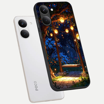  Twilight Garden Swing phone case For Poco X8 Pro showing premium glass back cover with detailed artwork