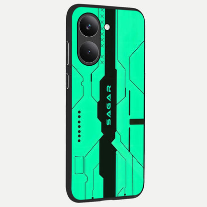  Aqua Tech CYBERPUNK Custom Name back cover For Poco X8 Pro slim fit glass case with vibrant aesthetic design