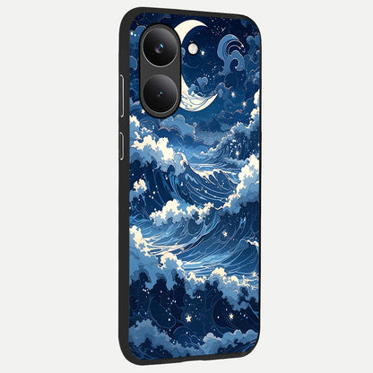  Ocean Moon Waves back cover For Poco X8 Pro slim fit glass case with vibrant aesthetic design