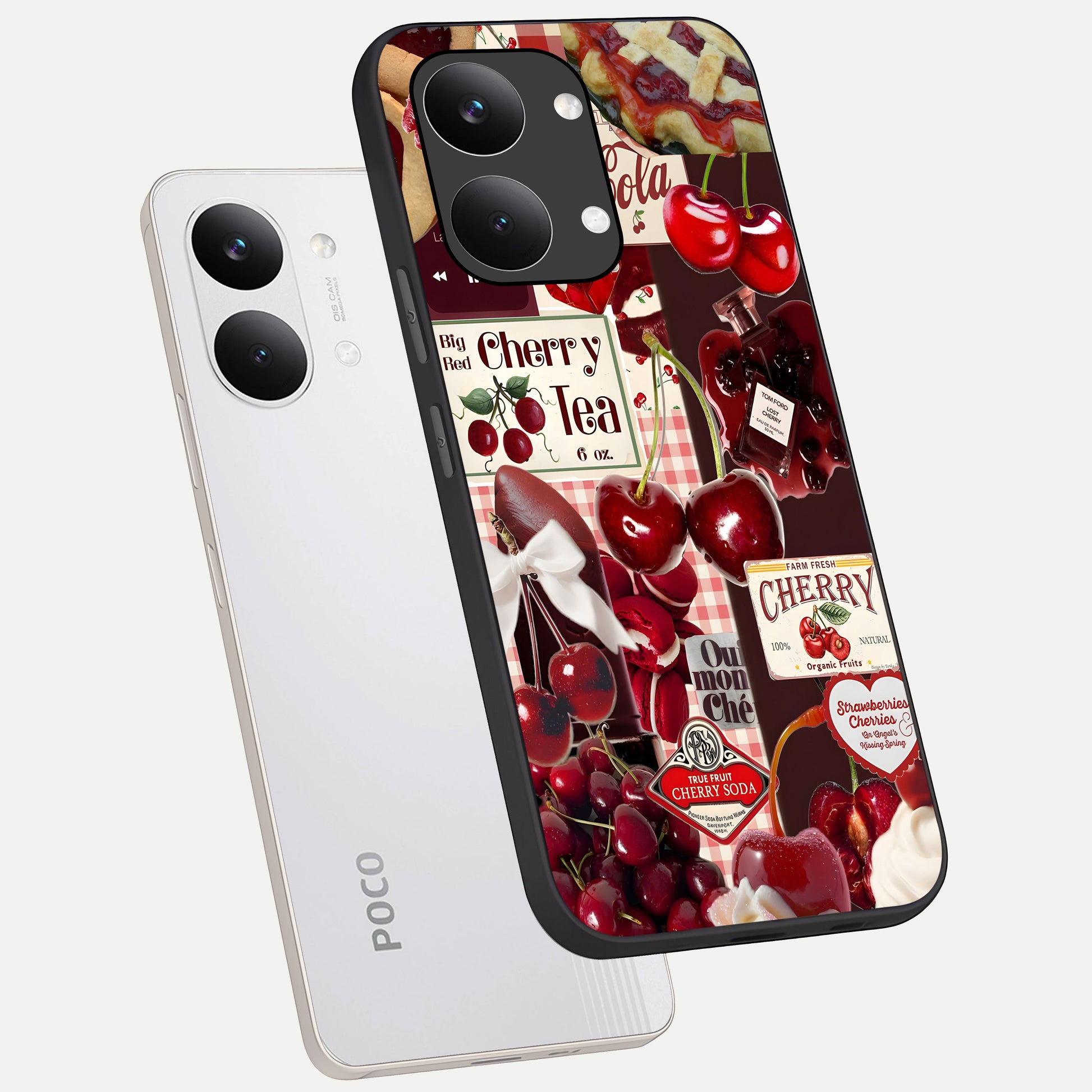  Aesthetic Cherry Tea phone case For Poco X8 Pro Max showing premium glass back cover with detailed artwork