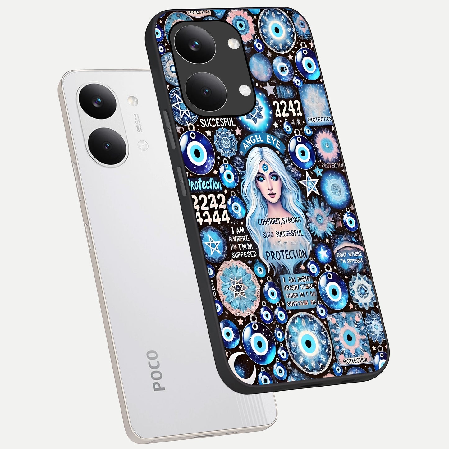  Angel Aura Shield phone case For Poco X8 Pro Max showing premium glass back cover with detailed artwork