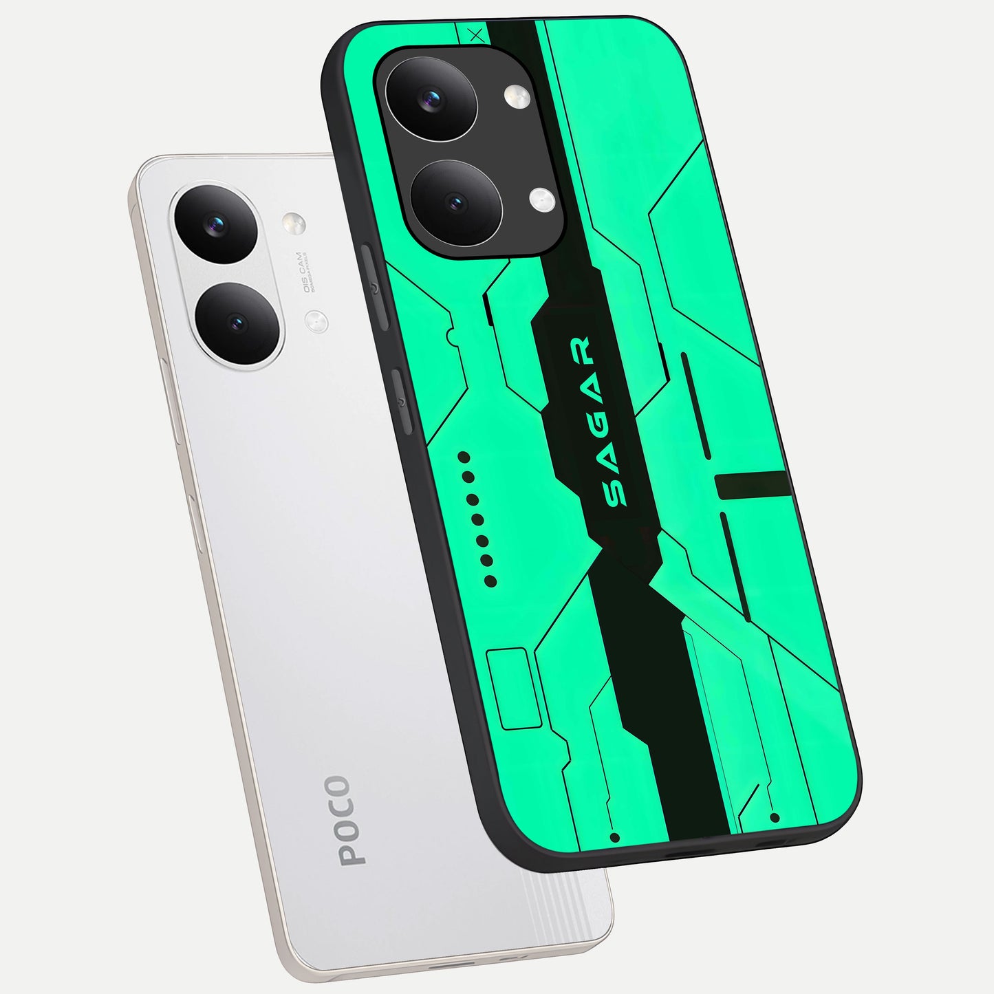  Aqua Tech CYBERPUNK Custom Name phone case For Poco X8 Pro Max showing premium glass back cover with detailed artwork
