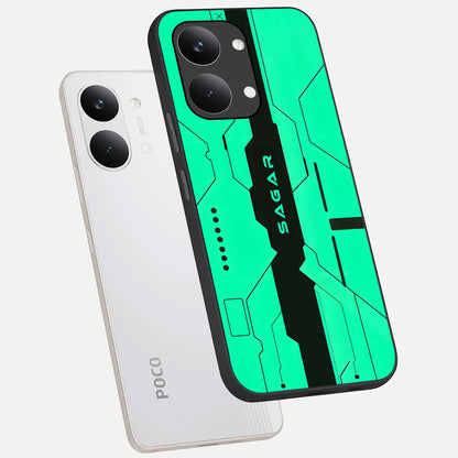  Aqua Tech CYBERPUNK Custom Name phone case For Poco X8 Pro Max showing premium glass back cover with detailed artwork