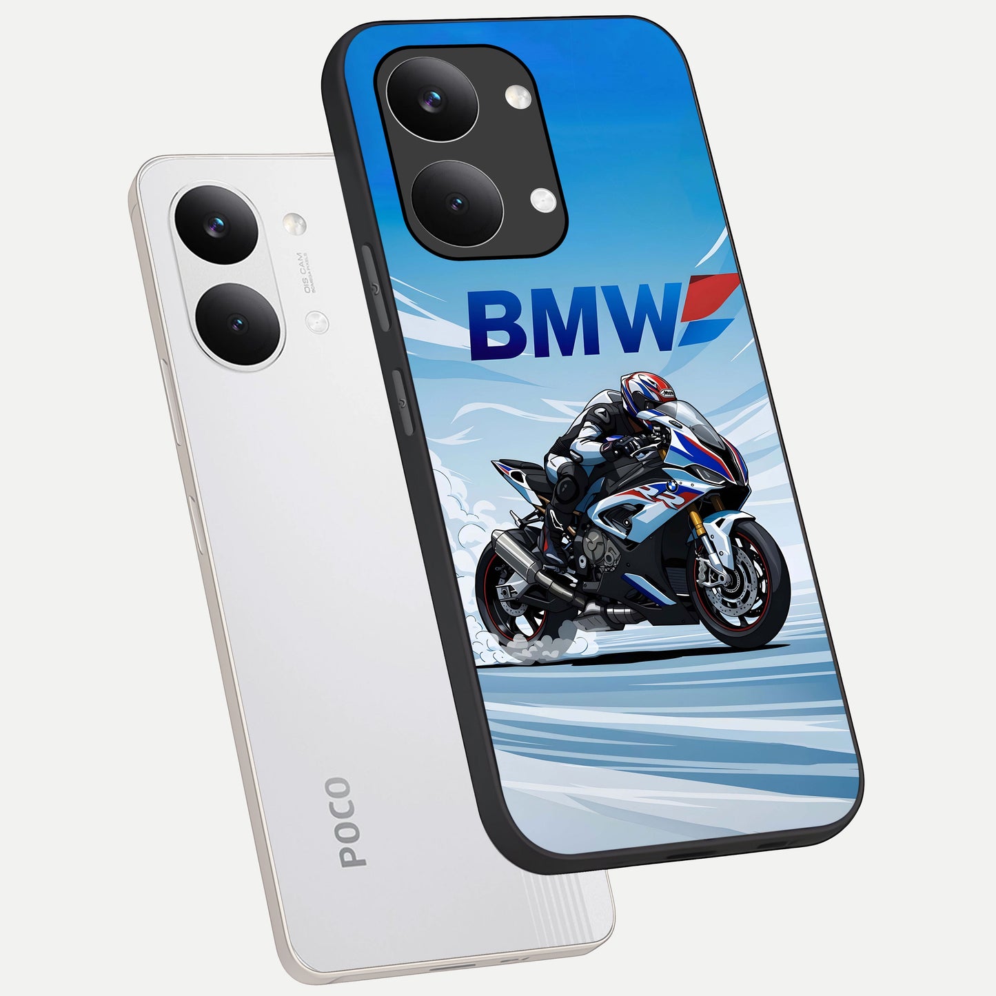  BMW Power Drift phone case For Poco X8 Pro Max showing premium glass back cover with detailed artwork