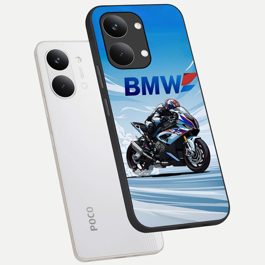  BMW Power Drift phone case For Poco X8 Pro Max showing premium glass back cover with detailed artwork