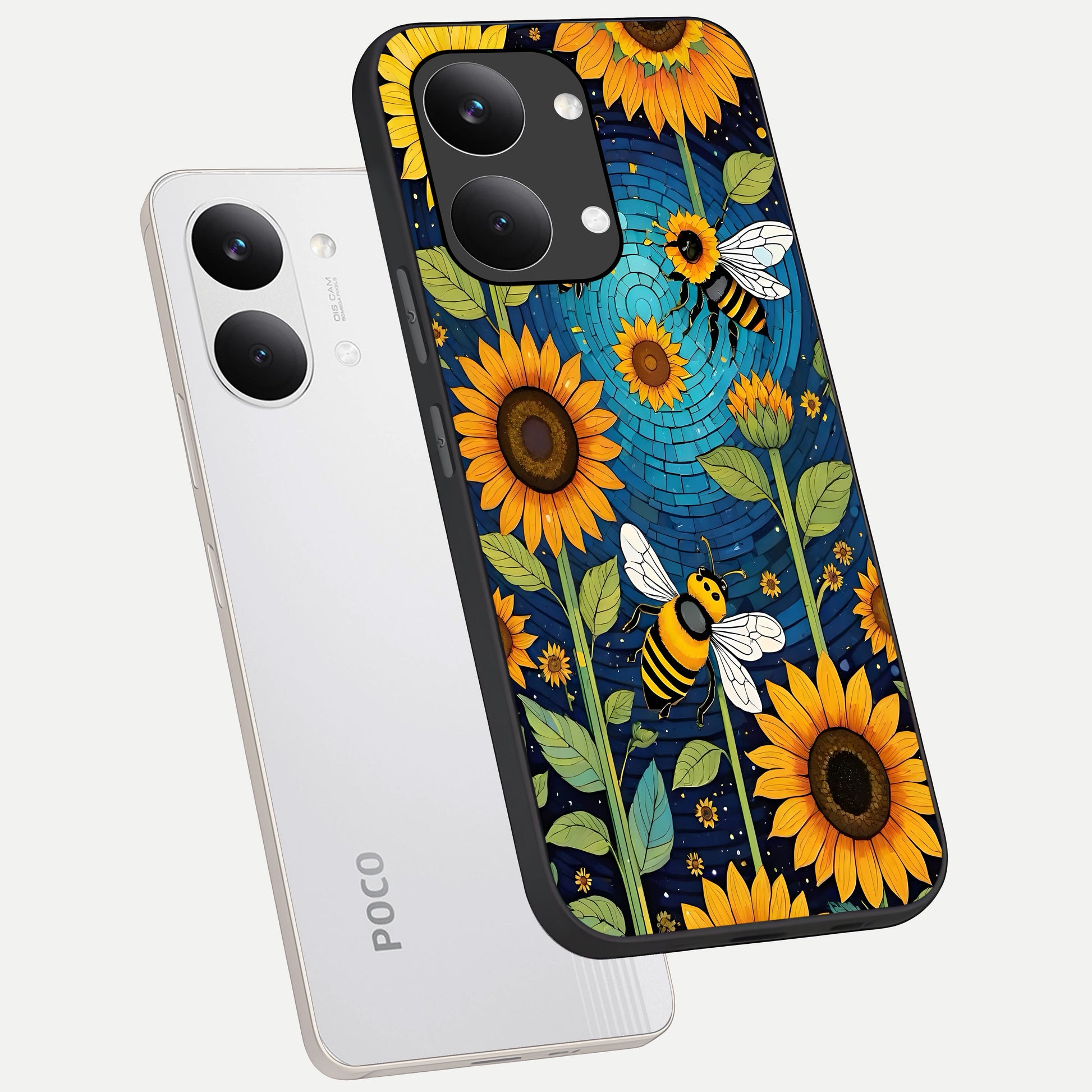  Bees And Sunflowers phone case For Poco X8 Pro Max showing premium glass back cover with detailed artwork