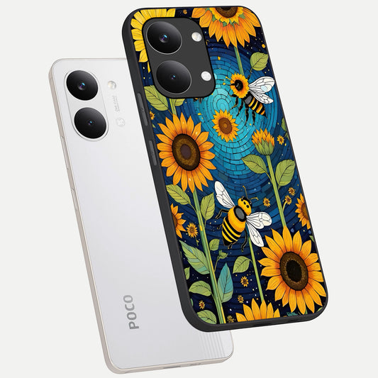  Bees And Sunflowers phone case For Poco X8 Pro Max showing premium glass back cover with detailed artwork