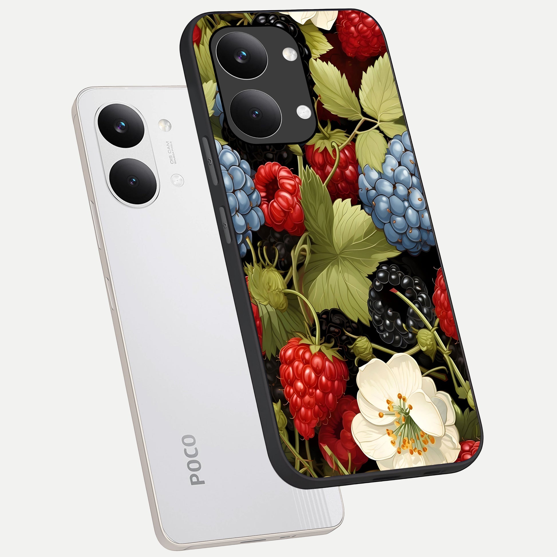 Berry Bloom Charm phone case For Poco X8 Pro Max showing premium glass back cover with detailed artwork