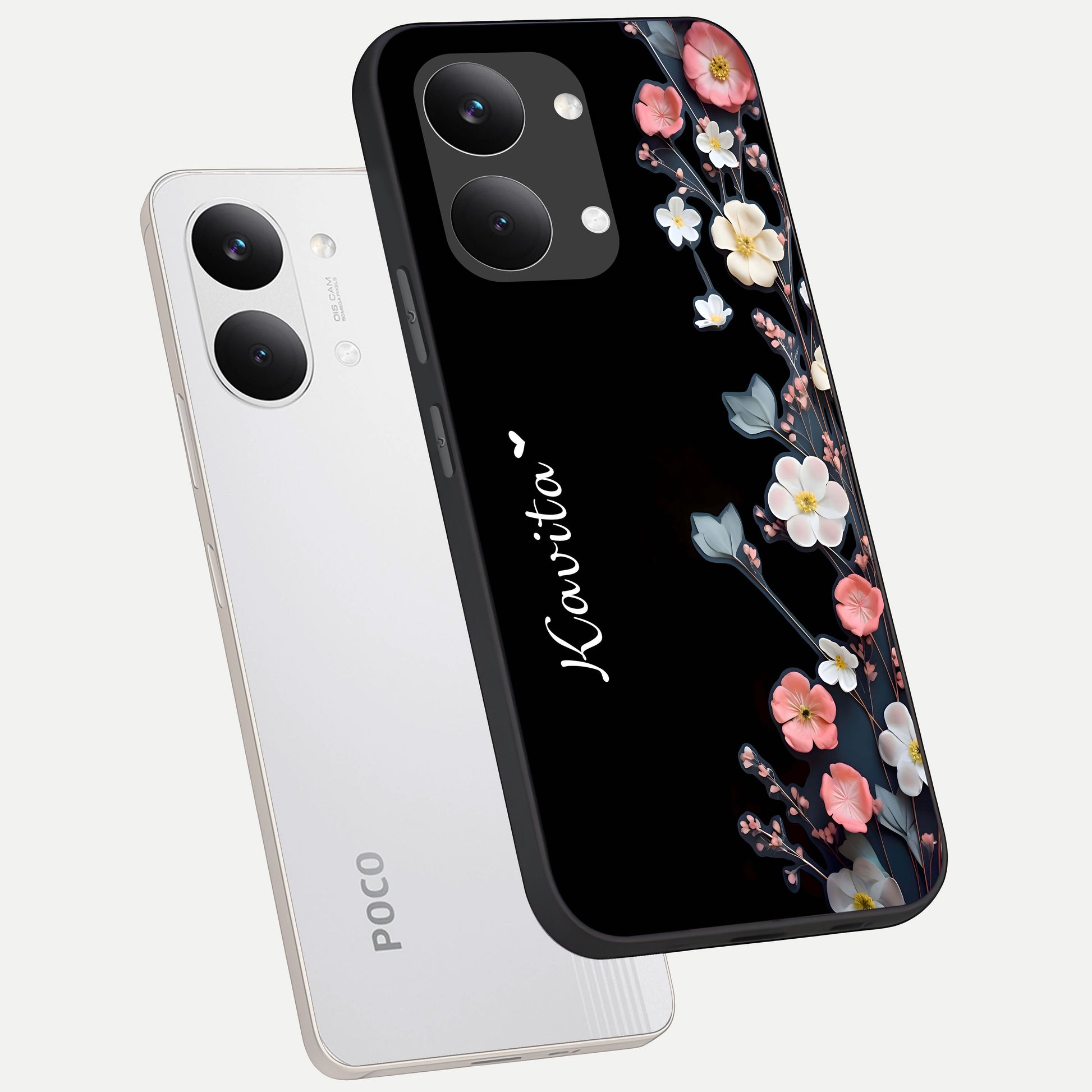  Black Elegance Floral Custom Name phone case For Poco X8 Pro Max showing premium glass back cover with detailed artwork