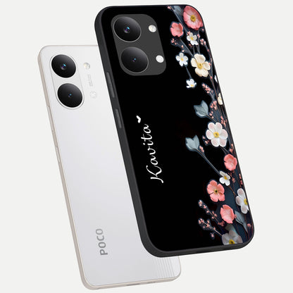  Black Elegance Floral Custom Name phone case For Poco X8 Pro Max showing premium glass back cover with detailed artwork